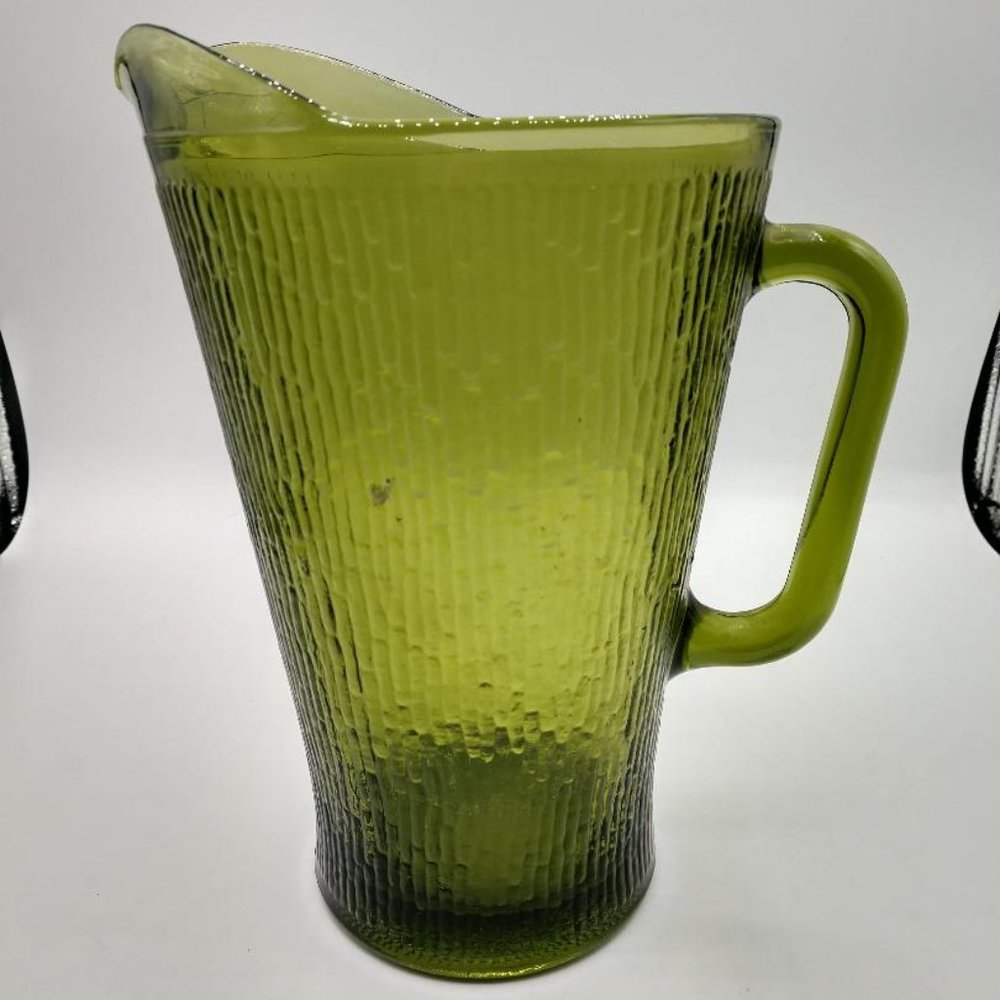 Vintage 60's Avocado Green Tree Bark Glass Jeannette Pitcher MCM